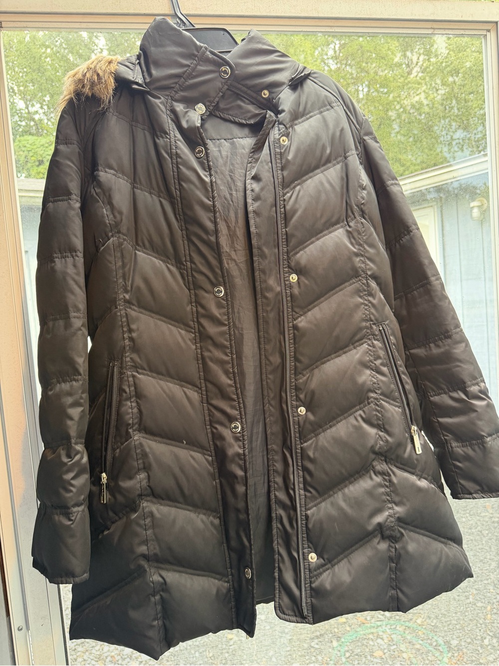 Kenneth Cole Black Quilted Long Puffer Coat with Hood